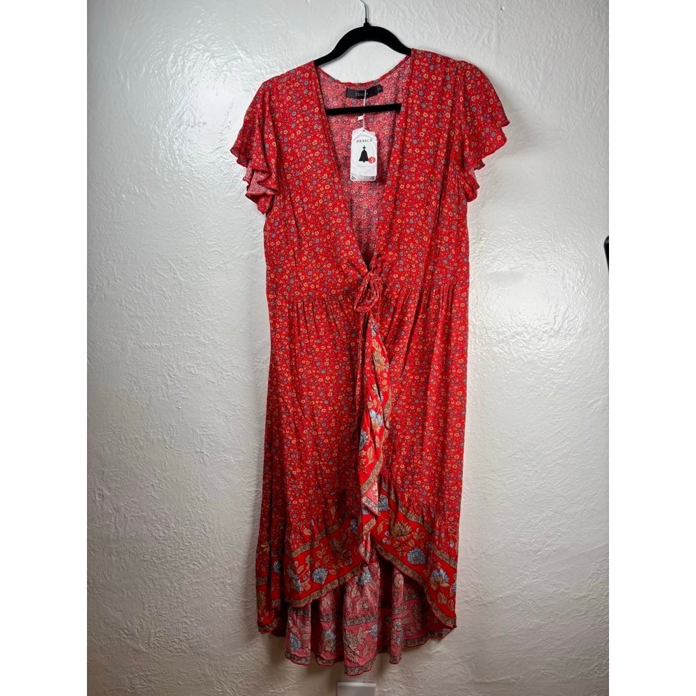 NEW‎ Floral Wrap Dress Small Red Boho Ruffle Wedding Guest Cottagecore Breezy